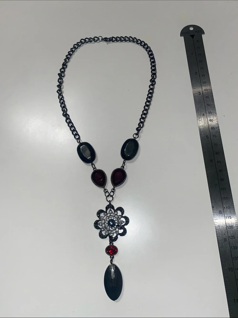 Gunmetal and Red Floral Pendant Necklace - Picture 3 of 3